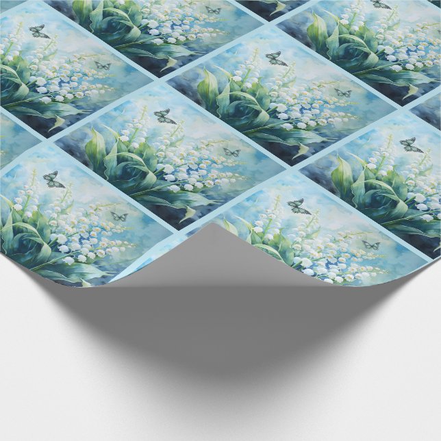 Lily of the Valley mit Schmetterlingen Botanisch Geschenkpapier (Ecke)