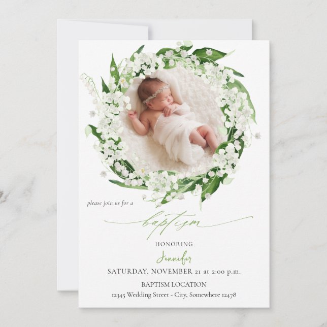 Lily of the Valley White Floral Baptism Einladung (Vorderseite)