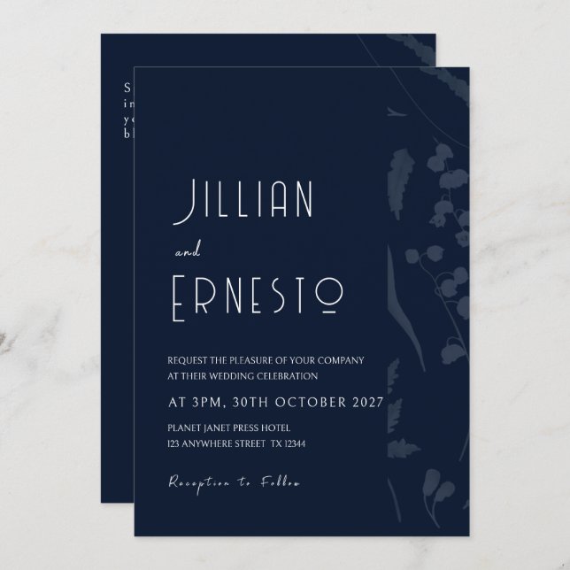 Lily of Valley | Dunkelste blaue, fest verblasste  Einladung (Vorne/Hinten)