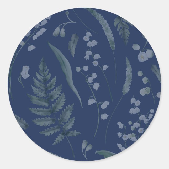 Lily of Valley mit Ferns | Dunkelblau Runder Aufkleber (Vorderseite)