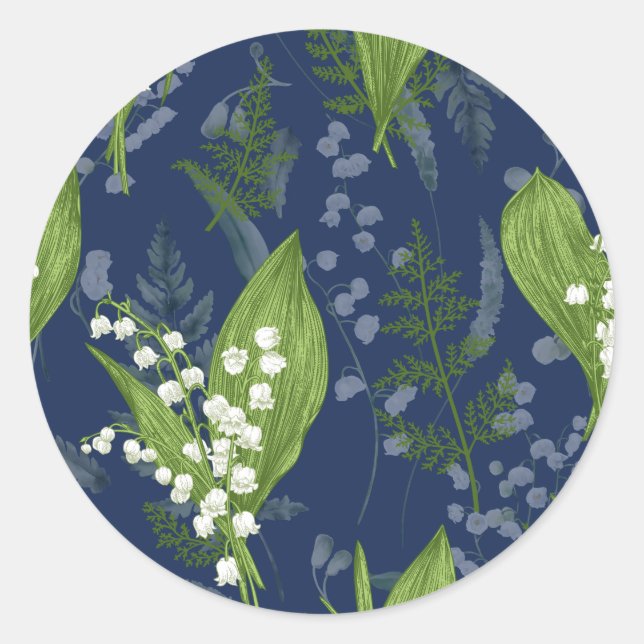 Lily of Valley mit Ferns | Dunkelblau Runder Aufkleber (Vorderseite)