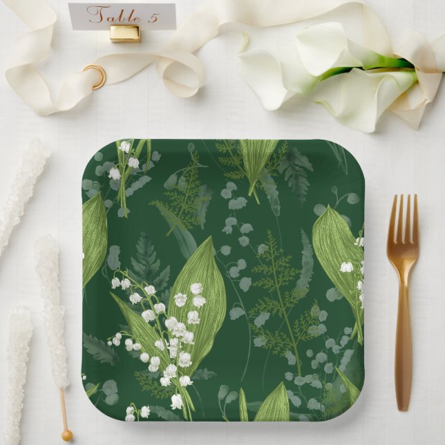 Lily of Valley mit Ferns | Dunkelgrün, nicht kunde Pappteller (Hochzeit)