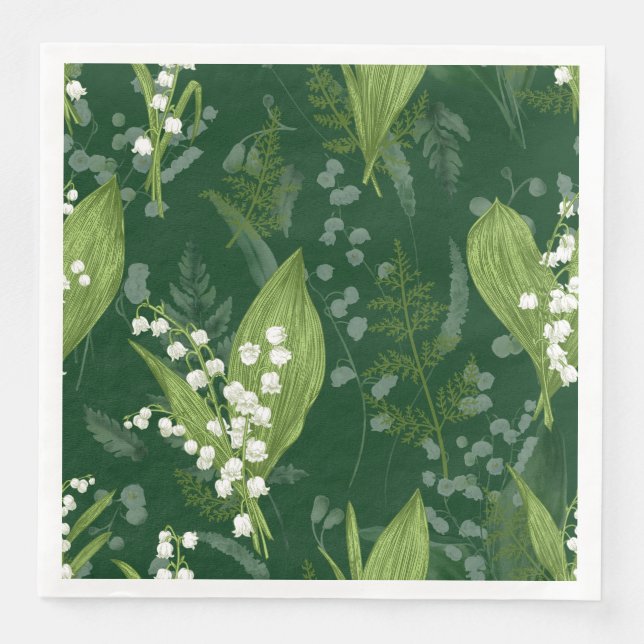 Lily of Valley mit Ferns | Dunkelgrün Serviette (Vorderseite)