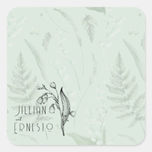Lily of Valley mit Ferns   Weichgrüne Anwendung Quadratischer Aufkleber