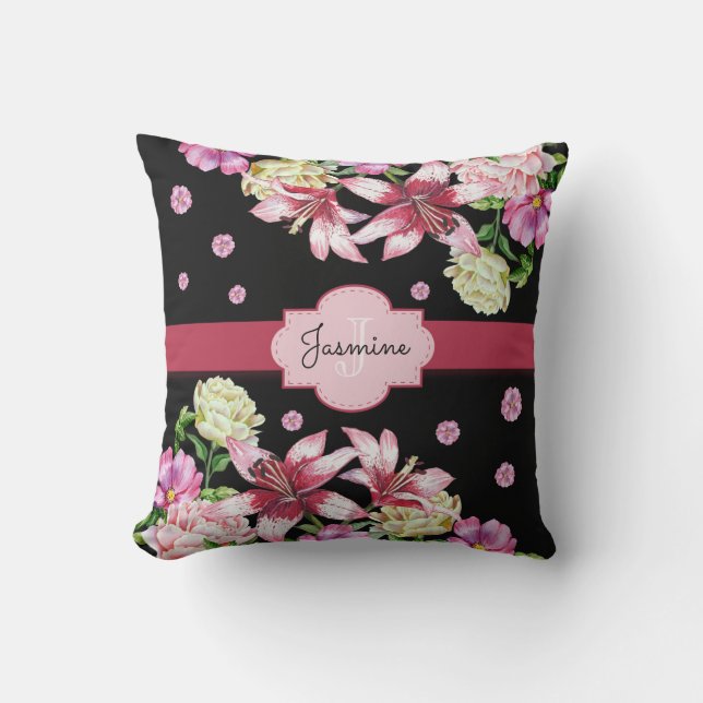 Lily & Peony Floral Black Kissen (Vorderseite)
