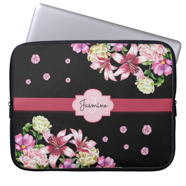 Lily & Peony Floral Black Laptopschutzhülle (Vorderseite)