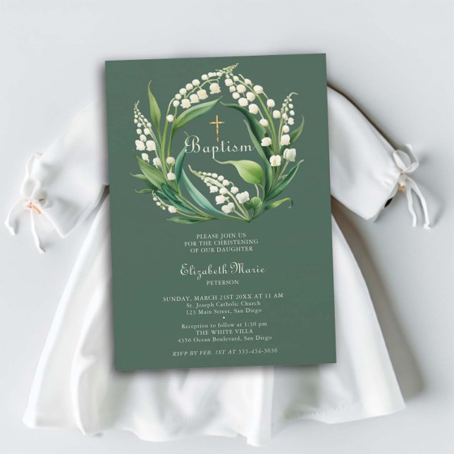 Lily Valley Cross Wreath Sage Green Girl Taufe Einladung (baptism invitation lily of the valley floral wreath dark sage green elegant formal gold cross)