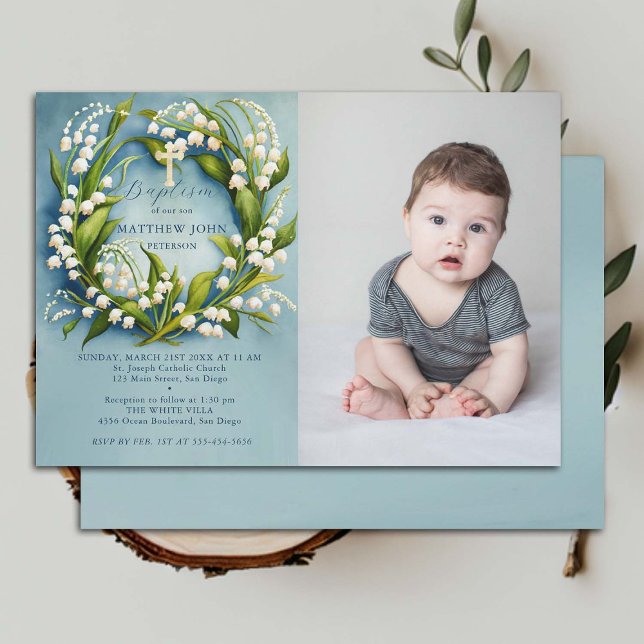 Lily Valley Gold Cross Formal Boy Foto Taufe Einladung (boy baptism invitation photo christian christening lily valley floral wreath watercolor)