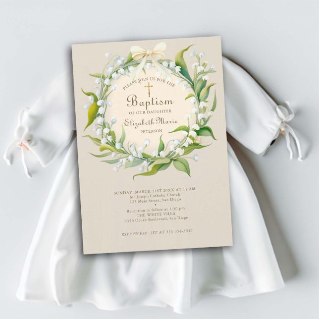 Lily Valley Gold Cross Wreath Bow Child Baptisse Einladung (baptism invitation child boy girl christening lily of the valley floral wreath gold cross elegant )