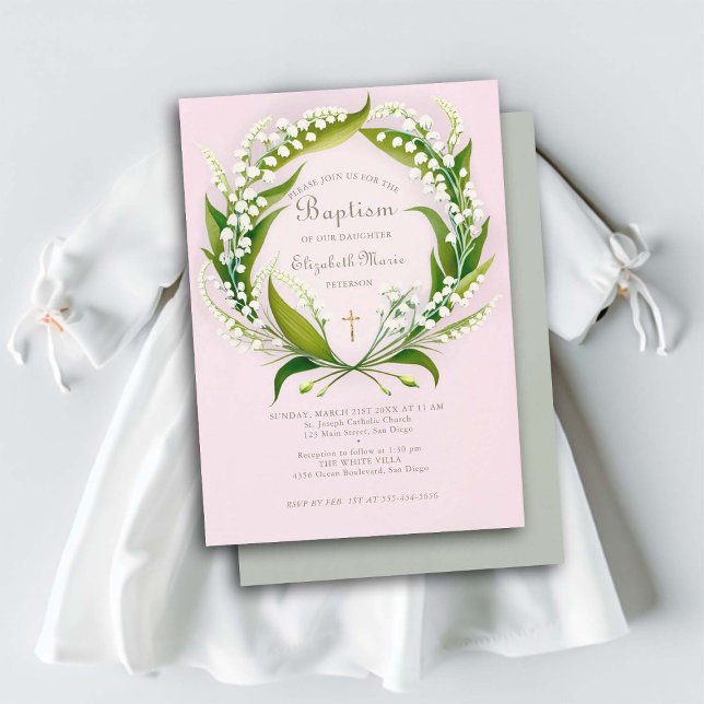 Lily Valley Gold Cross Wreath Formal Pink Taufe Einladung (girl baptism invitation lily valley wreath gold cross elegant formal classic simple watercolor)