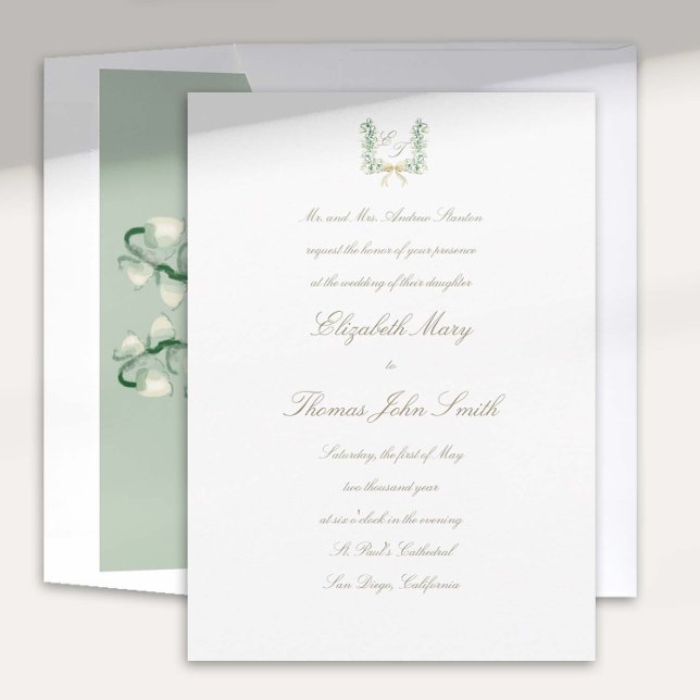 Lily Valley Imitate Gold Formal Traditionelle Hoch Einladung (lily valley formal classic wedding invitation watercolor arch crest monograms calligraphy green bow)