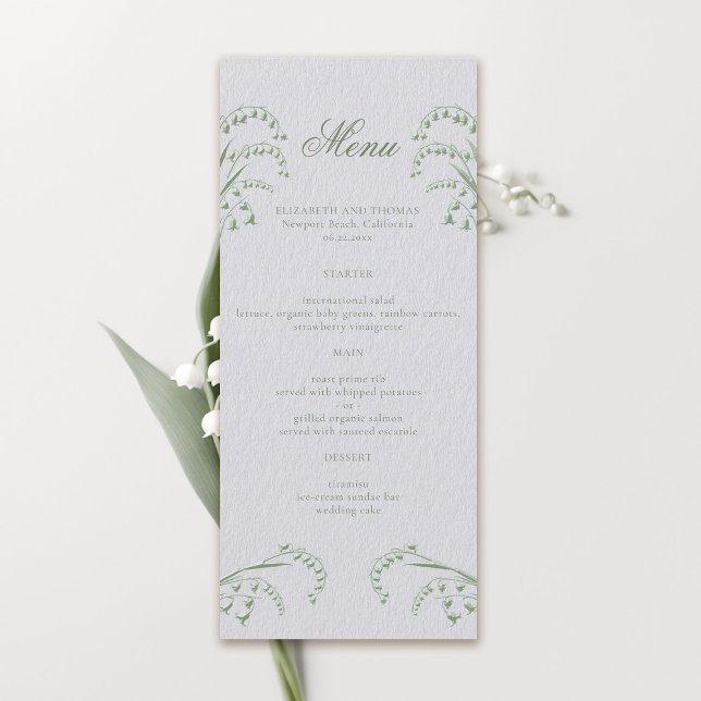 Lily Valley Imitats mit Grün feierlicher Hochzeit Menükarte (formal wedding menu card classic traditional faux embossed lily of the valley frame ivory green)