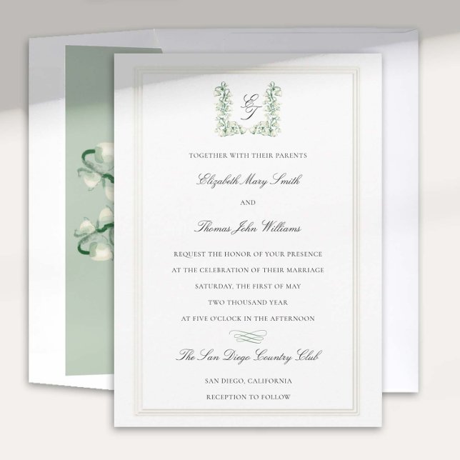 Lily Valley Wappen Calligraphy Formal Wedding Einladung (lily valley formal classic wedding invitation card watercolor art crest monograms calligraphy)