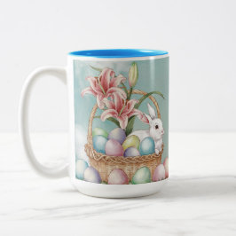 Lily Watercolor & Pasteleier mit Bunny in Basket Zweifarbige Tasse
