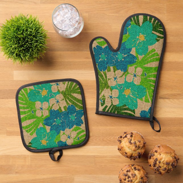 Limahuli Garden Hawaiianische Imitate Texture Turq Ofenhandschuh & Topflappen-Set (Oben Unten)