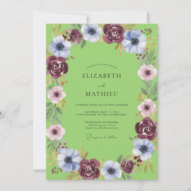 Limbgrüne lebendige Blumenhochzeit Einladung (Vorderseite)