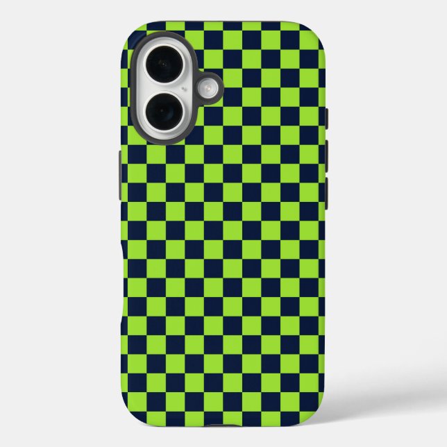Lime and navy checkerboard pattern iPhone 16 hülle (Rückseite)