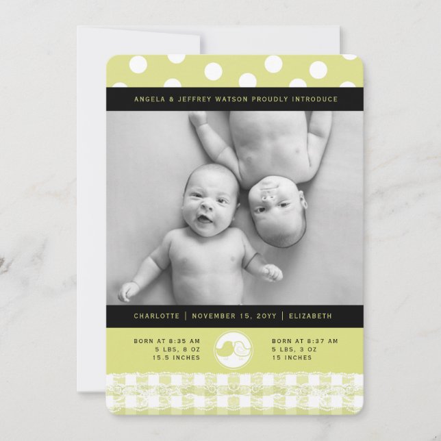 Lime Baby Birds Lace Twin Girls Faire-part de nais (Devant)