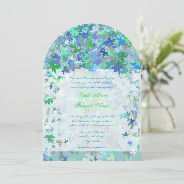 Lime &  Blue Fall Leaves Wedding Invitation Einladung (Stehend Vorderseite)