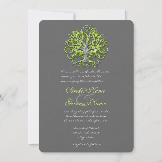 Lime Damask Love Tree Faire-part de mariage (Devant)