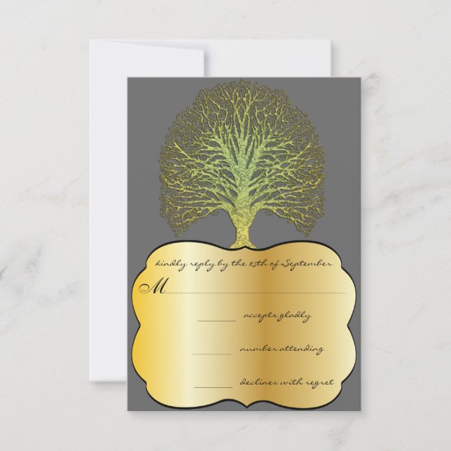 Lime Gold Swirl Damask Tree Wedding RSVP (Devant)