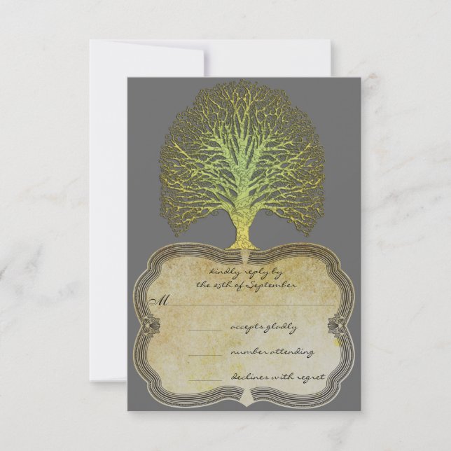 Lime Gold Swirl Damask Tree Wedding RSVP (Devant)