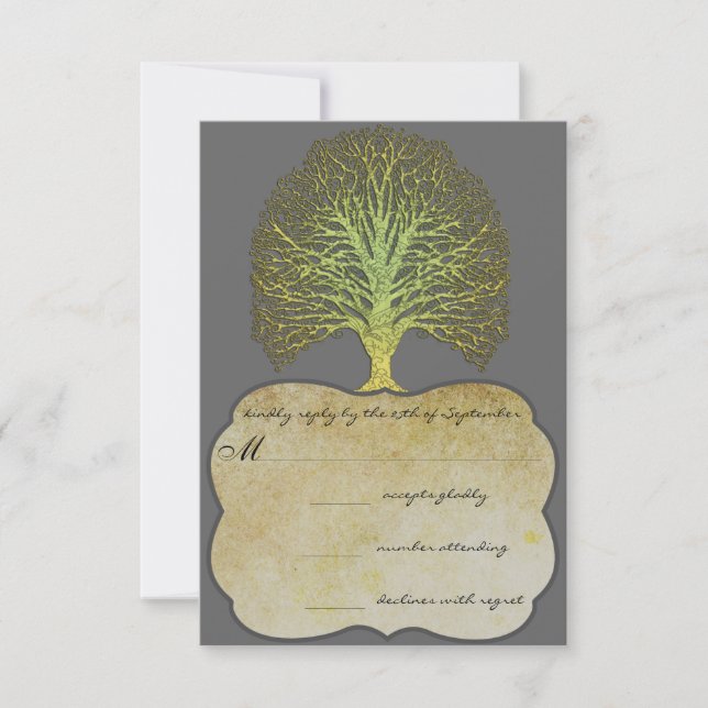 Lime Gold Swirl Damask Tree Wedding RSVP (Devant)