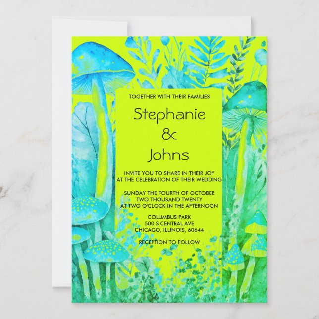 Lime Green Aquamarin Blue Mushrooms Woodland Weddi Einladung (Vorderseite)