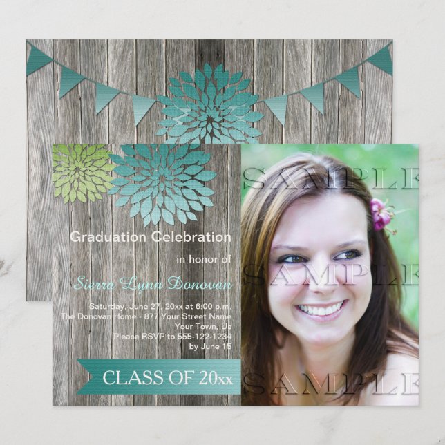 Lime Green Aquamarin Petals Barn Wood Graduation P Einladung (Vorne/Hinten)