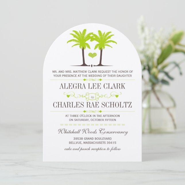 Lime Green Beach Palm Tree Zieltypografie Einladung (Stehend Vorderseite)