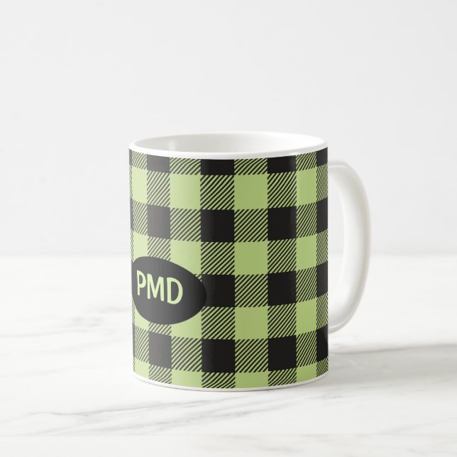 Lime Green Black Buffalo Kariert Monogram Kaffeetasse (VorderseiteRechts)