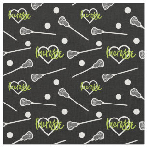 Lime Green Black Lacrosse Sticks & Hearts Muster Stoff