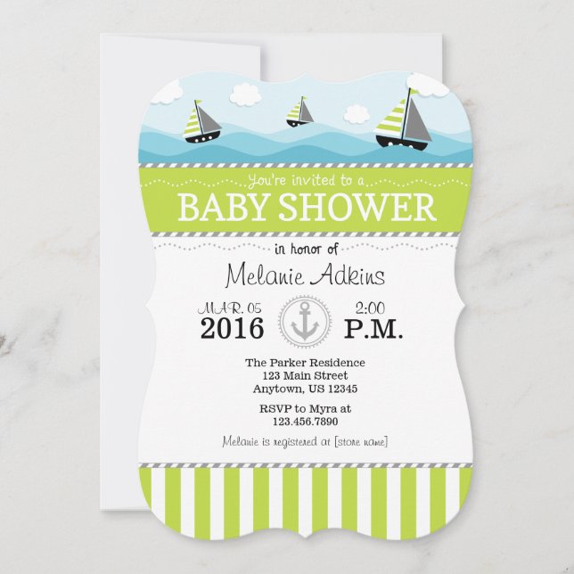 Lime Green Blue Nautical Baby Shower Einladung (Vorderseite)