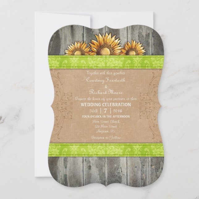 Lime Green Brown Rustic Sunflower Wedite Einladung (Vorderseite)