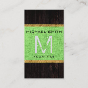 Lime Green Burlap Rustic Monogram Visitenkarte