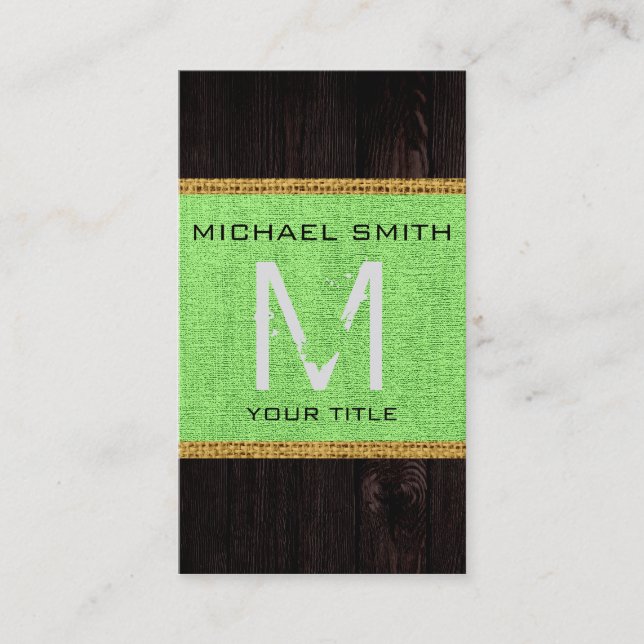 Lime Green Burlap Rustic Monogram Visitenkarte (Vorderseite)