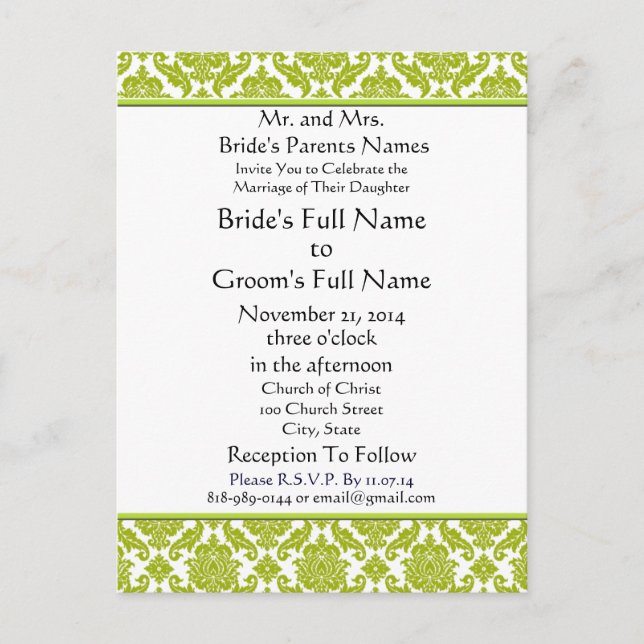 Lime Green Damask sur Faire-part de mariage blanc (Devant)