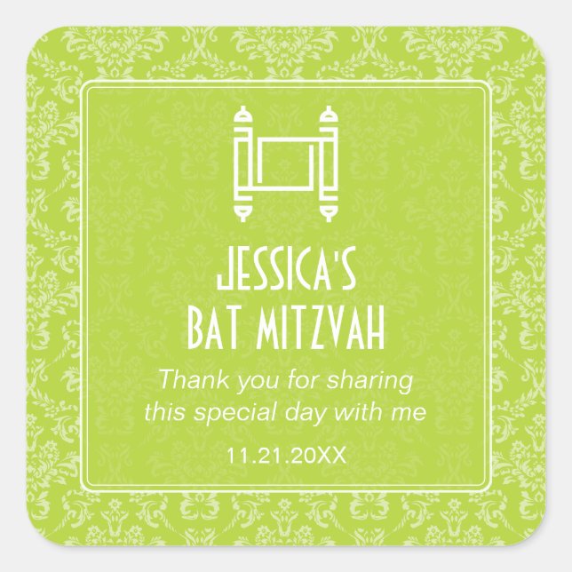 Lime Green Damask Torah Bat Mitzvah Quadratischer Aufkleber (Vorderseite)