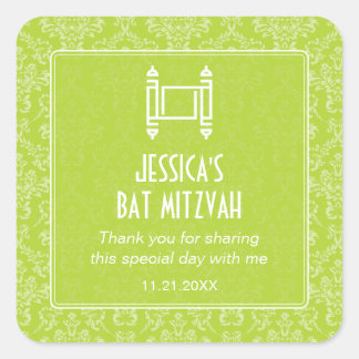 Lime Green Damask Torah Bat Mitzvah Quadratischer Aufkleber