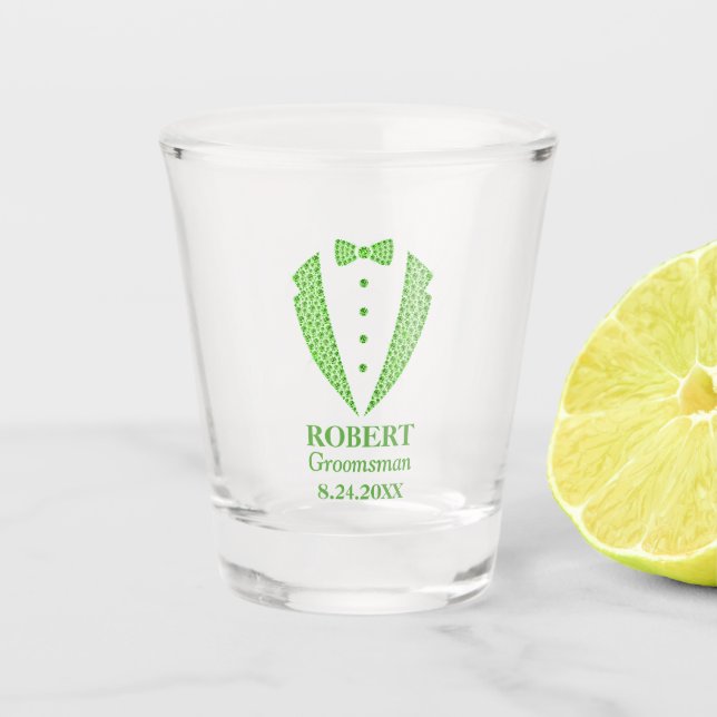 Lime Green Diamond Muster Trauzeugen Tuxedo Schnapsglas (Vorderseite)