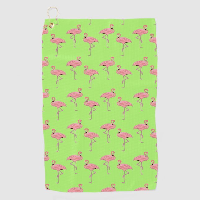 Lime Green Flamingos Muster Golfhandtuch (Vorderseite)