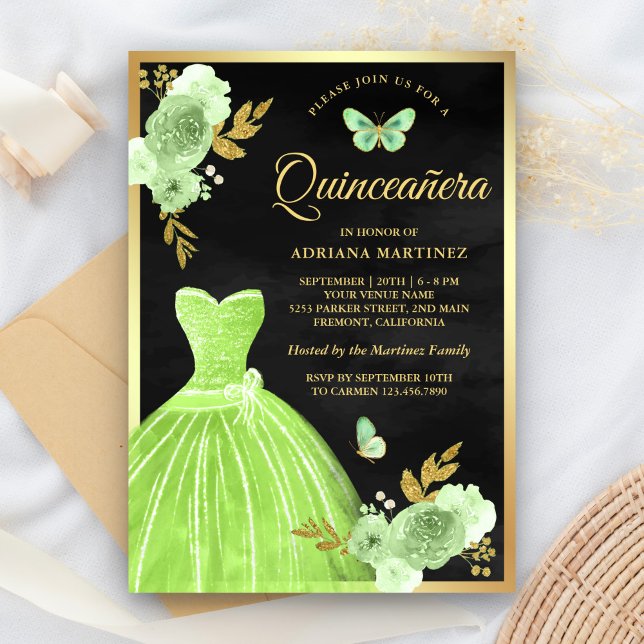 Lime Green Floral Butterfly Black Gold Quinceanera Einladung (Von Creator hochgeladen)