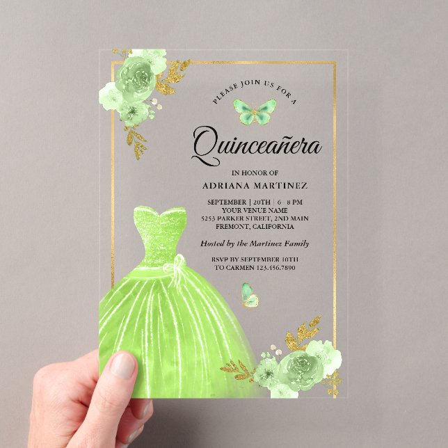 Lime Green Floral Dress Butterfly Gold Quinceanera Acryleinladungen (Insitu (Handheld))