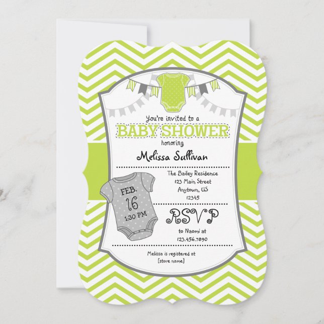 Lime Green Gray Zickzack Baby Shower Einladung (Vorderseite)