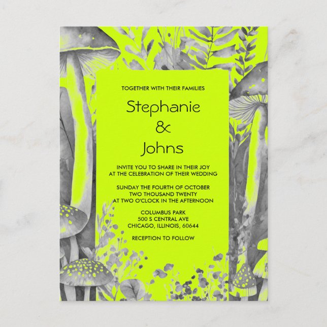 Lime Green Grey Black Woodland Mushroom Wedding Einladungspostkarte (Vorderseite)