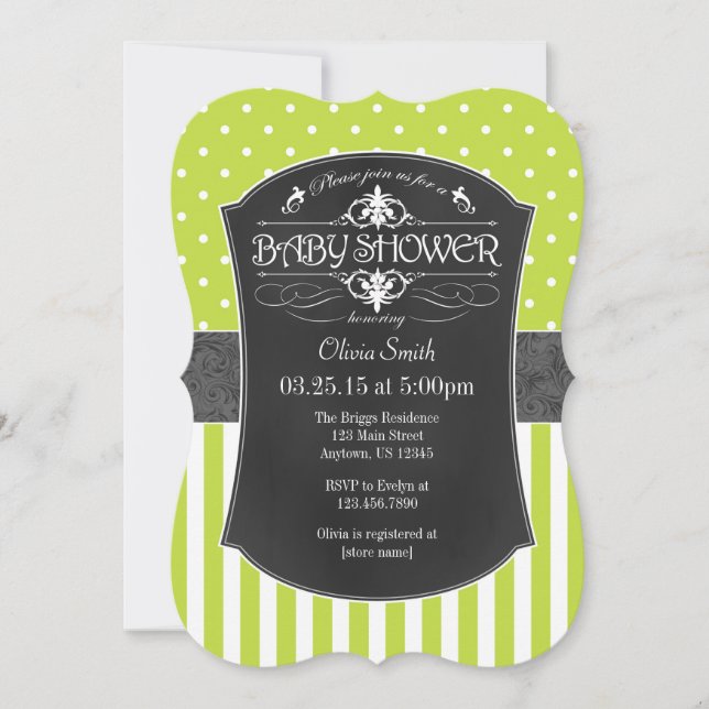 Lime Green Grey Chalkboard Streifen Babydusche Einladung (Vorderseite)