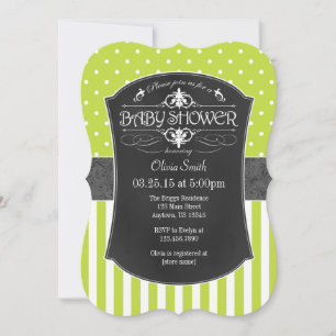 Lime Green Grey Chalkboard Streifen Babydusche Einladung