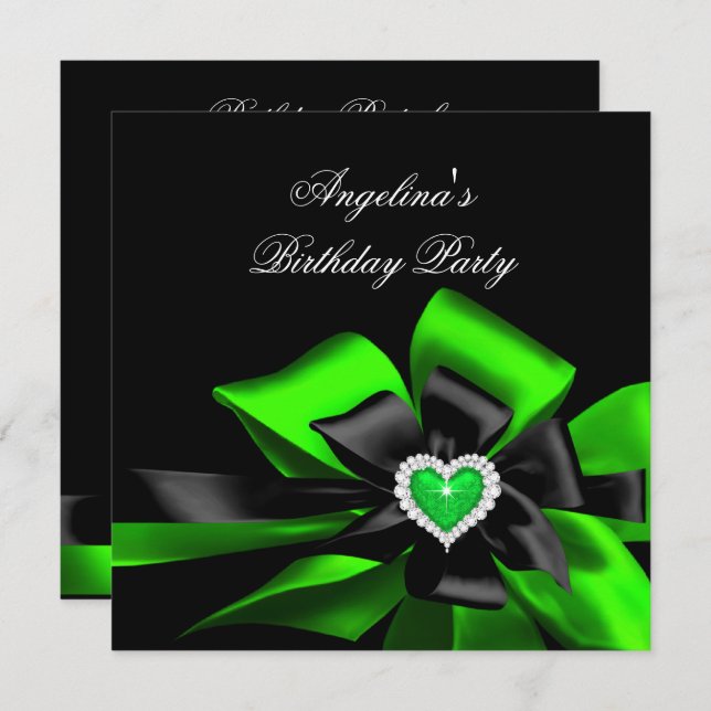 Lime Green Heart Black Bow Image Birthday Party Einladung (Vorne/Hinten)