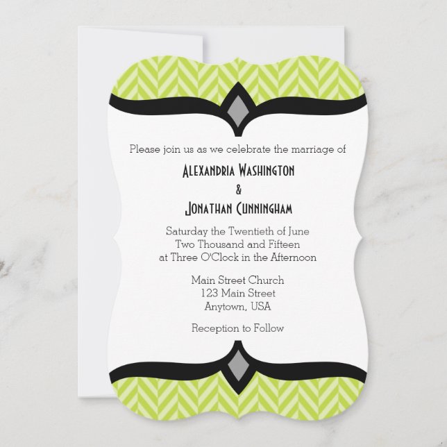 Lime Green Herringbone blanc Faire-part de mariage (Devant)