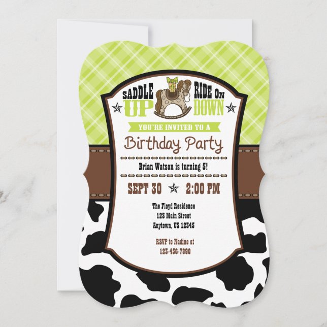 Lime Green Kariert Cowhide Cowboy Birthday Einladu Einladung (Vorderseite)